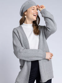 Gilet long femme gris en laine recyclée fabriqué en France
