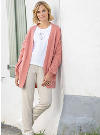 Gilet long femme en laine recyclée rose macaron