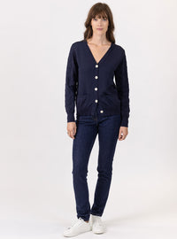 gilet femme col V en laine mérinos bleu marine