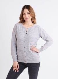 Cardigan femme en cachemire et laine Gris Nacré porté, vue de face, maille fantaisie