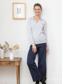 Pull col polo femme laine mérinos gris plume fabriqué en France