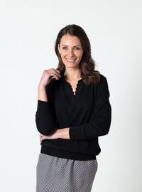 Pull femme col polo en laine fine mérinos noir
