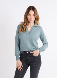 Pull col polo femme laine mérinos vert sauge fabriqué en France