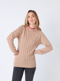 Pull torsadé femme laine mérinos beige chaud face