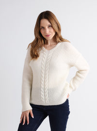 Pull femme en mohair blanc naturel col V torsadé
