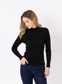 Pull chaussette femme laine et soie noir col cheminée face
