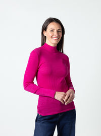 Pull femme col cheminée laine mérinos et soie rose framboise
