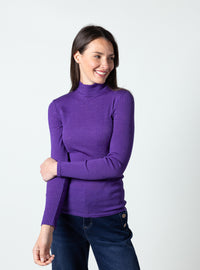 Pull femme col cheminée laine mérinos et soie violet foncé