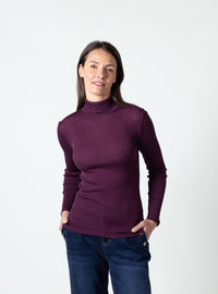 Pull chaussette femme col roulé laine mérinos et soie rose prune