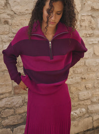 Pull Claudia violet nuit femme, laine mérinos, col camionneur zippé