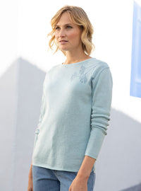 pull femme vert lagon à motif