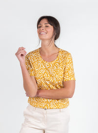 haut femme coton jaune motif estival