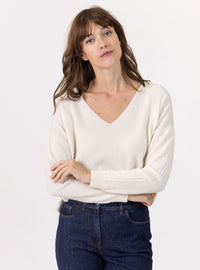 Pull femme col V laine et cachemire blanc