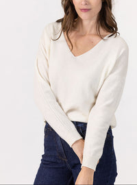 Pull femme col V laine et cachemire blanc