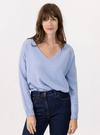 pull femme col V bleu clair