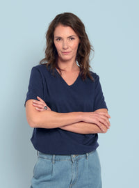 Tee-shirt femme en coton et lin bleu marine