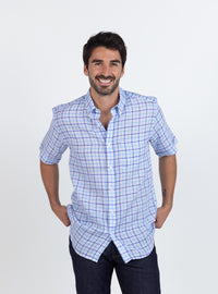 Chemise homme en lin à carreaux bleus élégante et respirante