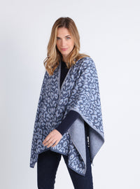 étole femme laine mérinos bleu motif léopard