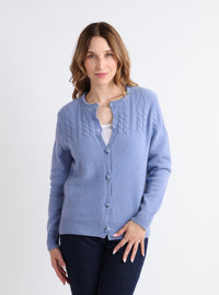 Cardigan femme laine mérinos bleu chiné – vue de face portée
