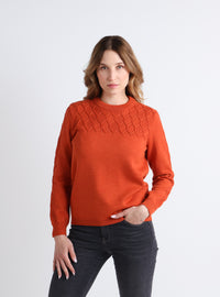 Pull femme torsadé en laine mérinos Orange Confite – vue de face