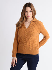 Pull femme col polo torsadé en laine mérinos Jaune Miel – vue de face