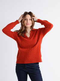Pull femme col polo en laine mérinos Orange Brûlé – vue de face