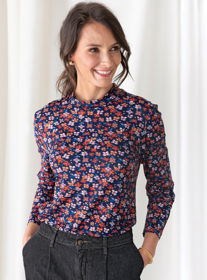 Tee-shirt en coton fleuri femme bleu marine