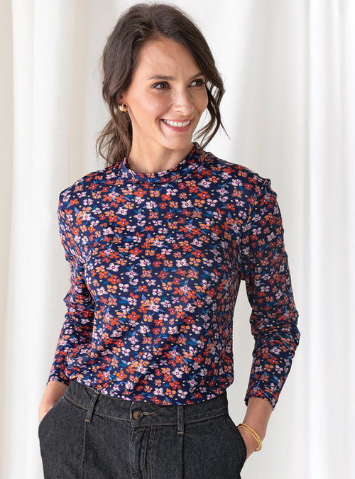 Tee-shirt en coton fleuri femme bleu marine