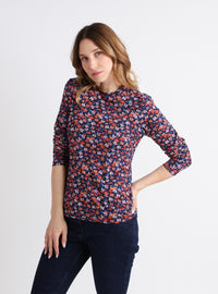 Tee-shirt femme à fleurs bleu marine manches longues