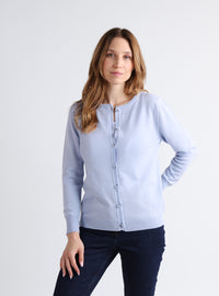 Cardigan femme en laine mérinos bleu ciel léger – vue de face