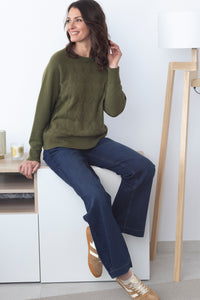 Pull femme laine extrafine mérinos et cachemire vert kaki