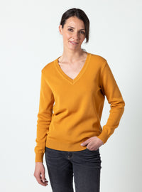 Pull femme col V en laine mérinos jaune miel