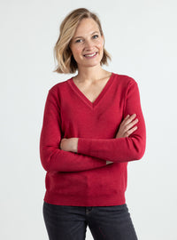 Pull femme col V en laine mérinos rouge cerise