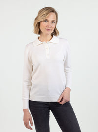 Pull femme col polo laine mérinos blanc naturel
