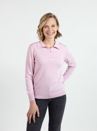 Pull femme col polo laine mérinos rose léger