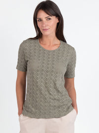 Tee-shirt femme en maille ajourée coton vert kaki