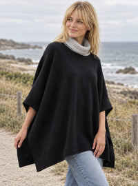 poncho noir col boule gris laine mérinos femme 