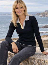 pull col polo noir gris jaune laine