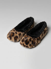 Chaussons ballerines femme fausse fourrure marron imprimé léopard